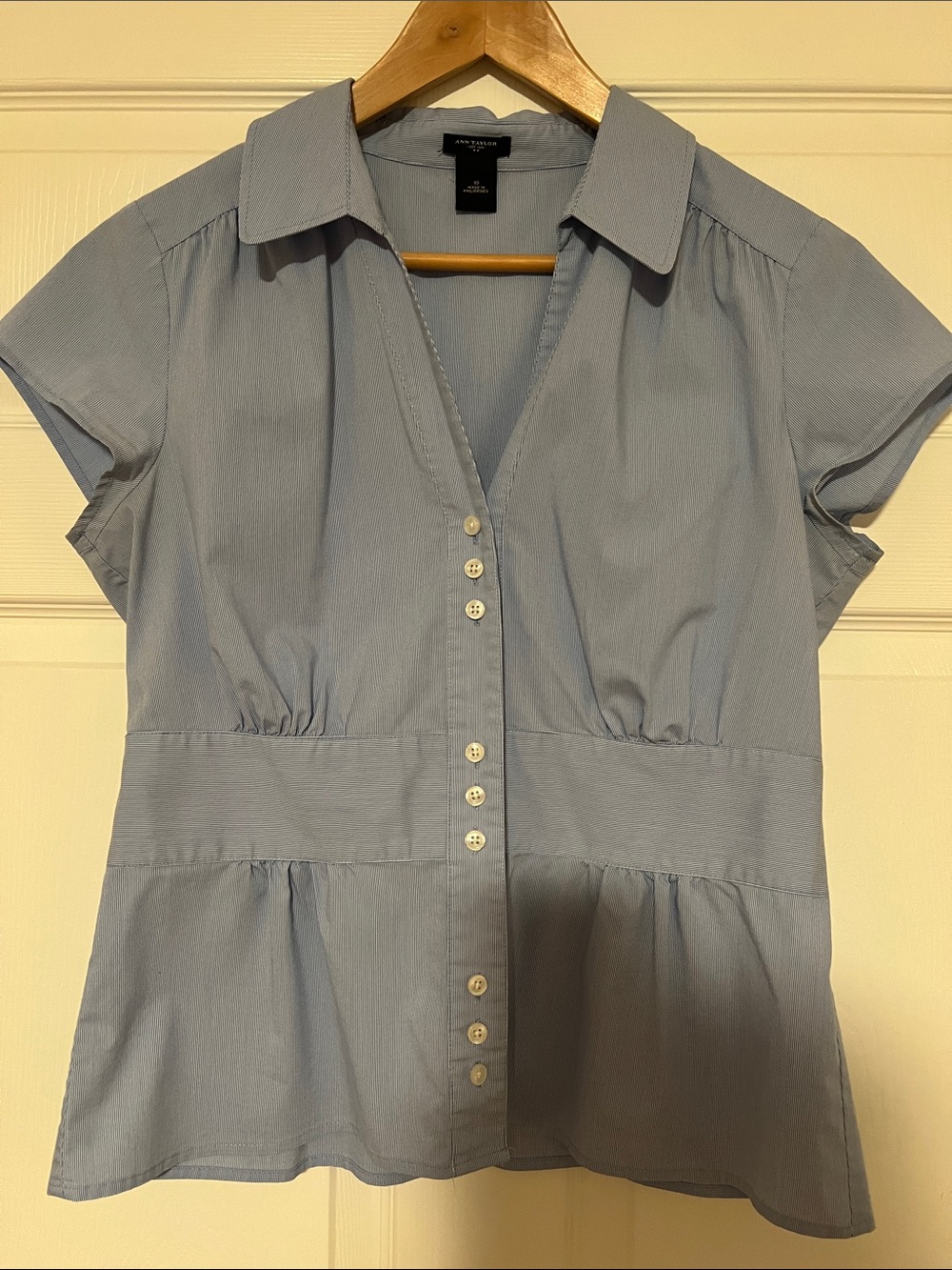 Ann Taylor Blue Short Sleeve Button-Front Blouse